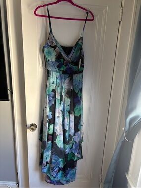 Aqua Floral High-Low Maxi Dress in Teal, Blue & Purple